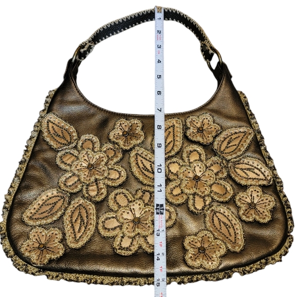 Isabella Fiore Gold Leather Satchel With Flower Appliqué - Picture 7 of 10